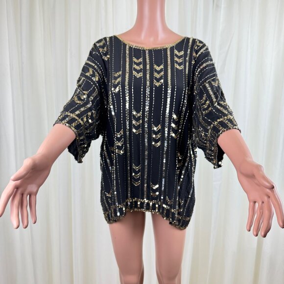 Vintage 80's Three Flaggs 100% Silk Beaded Sequins Blouse Top Sz Large Black - Picture 6 of 13